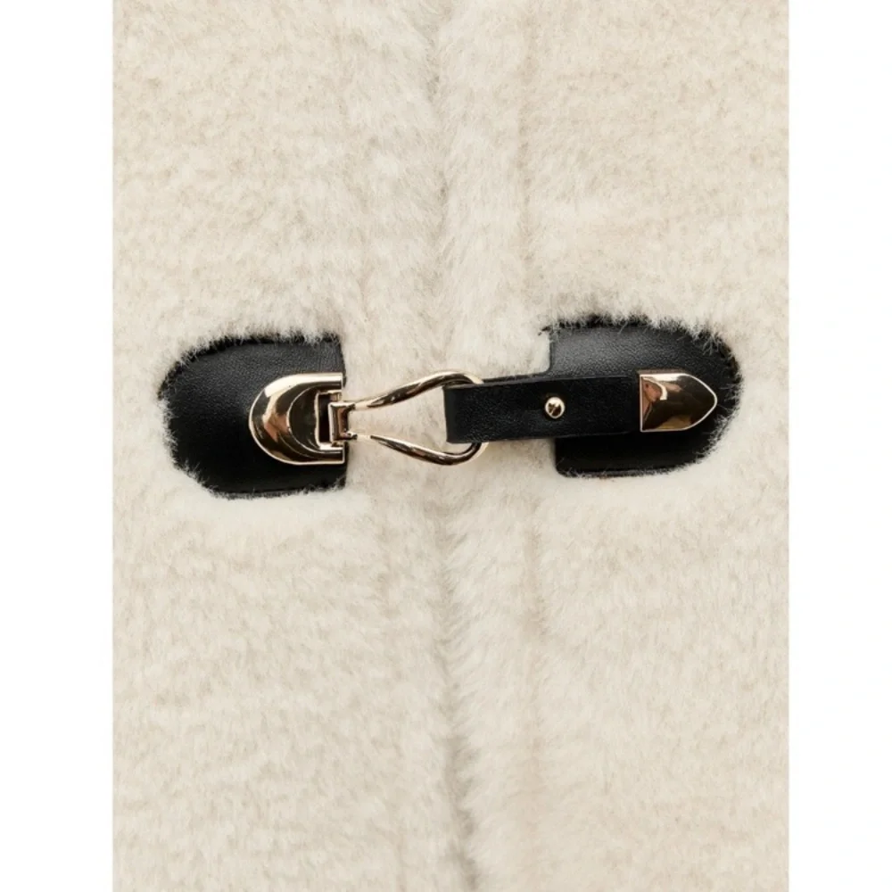 ZARA Cream Double Face Faux Shearling Fur Peg Strap Closure Collarless Jacket